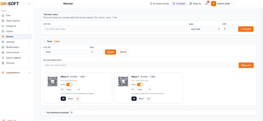 QR-SOFT panel: Masalar