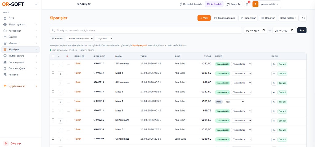 QR-SOFT panel: Siparişler