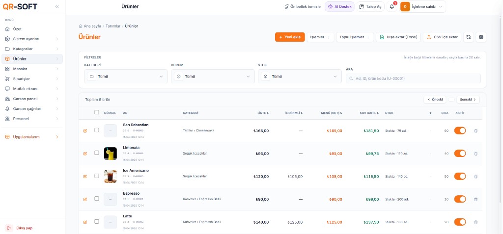 QR-SOFT panel: Ürünler
